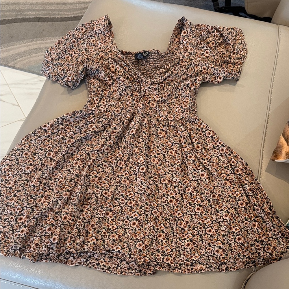 Angie Brown Floral Short Puff Sleeve Mini Dress